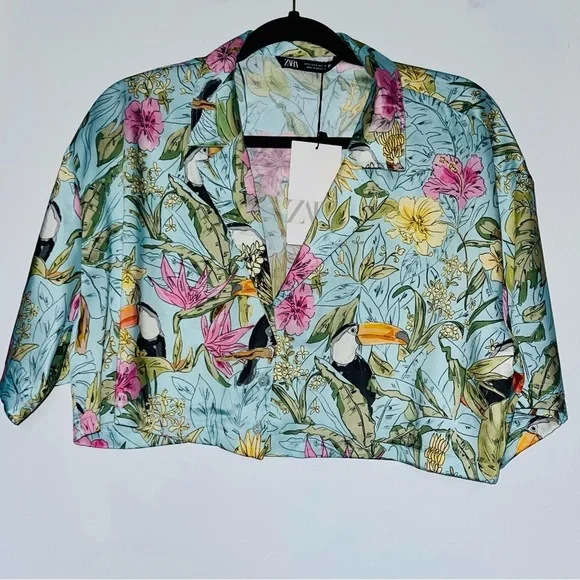 Zara Cropped toucan Tropic Floral Shirt Top - Picture 6 of 8